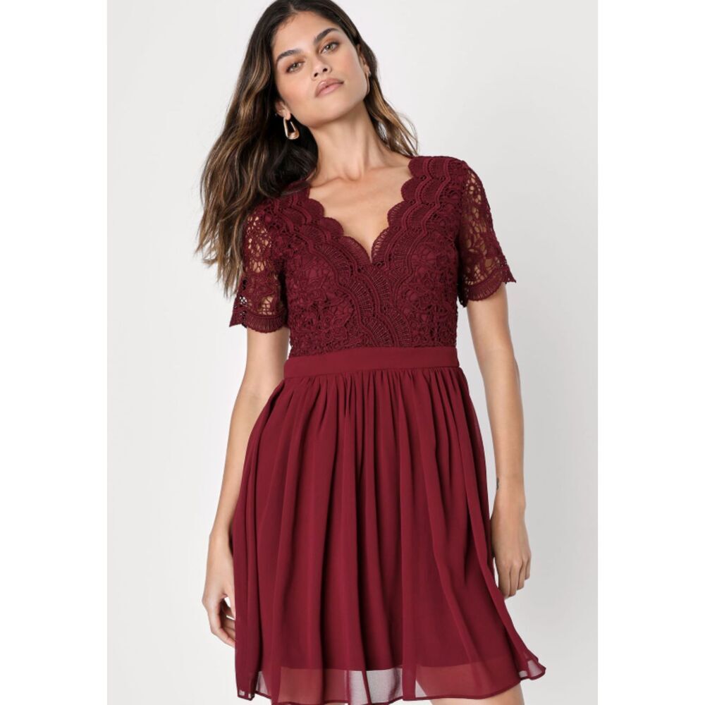 Lulus Angel in Disguise Burgundy Lace Skater Dress Bridesmaid Formal Wedding S